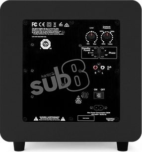 Kanto SUB8 matt svart baslåda, kubformad trälåda med satinfinish, visad bakifrån med svart kontrollpanel som har två räfflade rattar, RCA-anslutningar, strömbrytare och fyra korta fötter