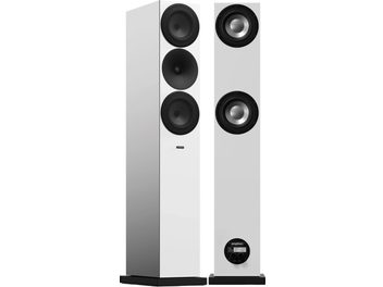 Amphion Argon 7LS juodos ir baltos spalvos kolonėlė, vaizdas iš priekio ir iš galo, 3 juodi apvalūs garsiakalbiai, juodas pagrindas