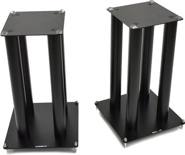 To sorte Atacama Audio SLX500 højtalere i metal, set forfra og fra siden, med rektangulær form og 4 afkoblingsben