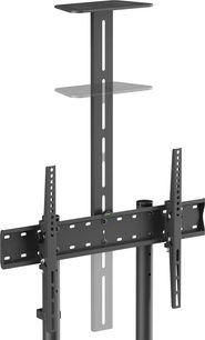 Подставка за TV Norstone Pro Vision One в черен метал, изглед от три четвърти отпред, вертикална перфорирана колонка с две тънки рафта, хоризонтална перфорирана лента с водно ниво и странични наклоняеми рамена