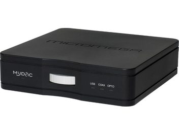 Micromega MyDAC sort audio DAC-konverter, rektangulært mat sort kabinet, front med USB COAX OPTO-stik og logo