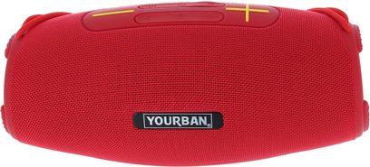 Bluetooth zvočnik Yourban Getone 45 rdeč, pogled od zgoraj, cilindrična oblika, teksturirana tkanina, rumeni gumbi, logotip Yourban