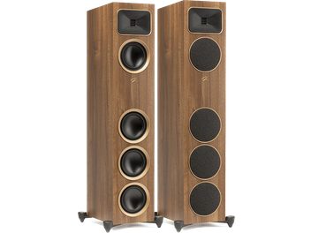 Enceintes colonnes MartinLogan Foundation F2 noyer, vue de face, 4 haut-parleurs noirs ronds sur façade bois clair
