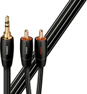 Tre cavi audio neri con connettori RCA dorati e guaina rossa "Tower" da 0,6 metri, vista ravvicinata su sfondo bianco