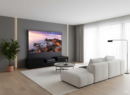 Modern living room, oblique view, large wall-mounted screen on gray wall, black TV stand, white sofa, round table, light wood flooring