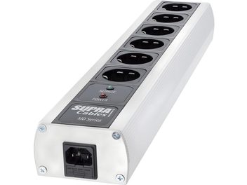 Multiprise Supra MD06-EU/SP MK3 blanche, 6 prises secteur noires, interrupteur et voyants, vue de dessus en légère plongée