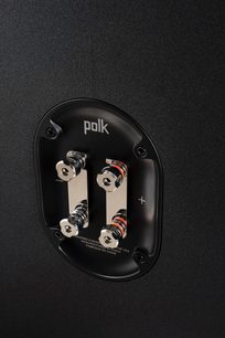 Polk R700 sorte gulvhøjttalere i sort, nærbillede forfra af de forgyldte og røde fjedertilslutninger