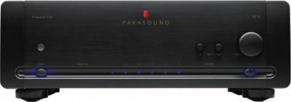 Stereo předzesilovač Parasound Halo JC2 černý, pohled zepředu, čelní panel v černé barvě s tlačítky a modrými kontrolkami, 2 sluchátkové výstupy