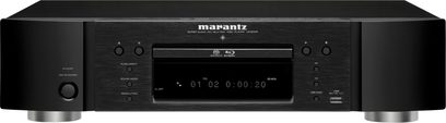 Marantz UD5005 sort Blu-ray-afspiller, set forfra, blåt digitalt display, knapper og stik på forsiden