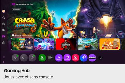 Samsung Gaming Hub-interface i flere farver set forfra på en sort, flad glasskærm, øverste række med animerede spilvignetter og farverige, runde ikonbjælker nederst