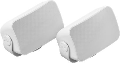 Twee rechthoekige witte Sonos Outdoor by Sonance buitenspeakers, metalen rooster, lichtgrijs logo