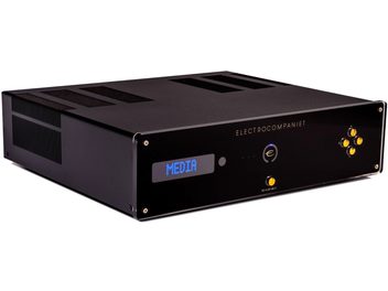 Hi-fi stereo zesilovač Electrocompaniet ECI-6 MKII černý, přední panel s displejem "MEDIA", tlačítky a konektory, pohled zepředu