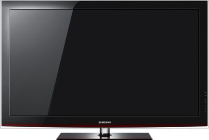 Samsung PS50B650 sort fladskærms-TV, forfra, slukket, på gråt og sort nedtonet baggrund
