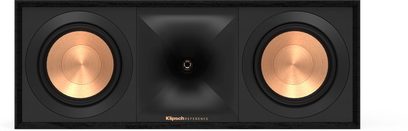 Klipsch R-50C schwarzer Center-Lautsprecher, Frontansicht, mit zwei runden Kupfer-Lautsprechern in einem rechteckigen Gehäuse