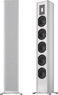 Trådløs tilkoblet høyttaler Piega Premium 501 Wireless Gen2 sølv, sett forfra og fra siden, 4 svarte høyttalere