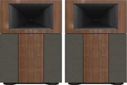 Klipsch Jubilee floorstanding speaker in walnut wood, black horn, black grille, base, silver feet