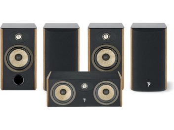 Focal Aria Evo X No. 1 walnut pack consisting of 5 black bookshelf speakers with light wood front baffles and exposed drivers