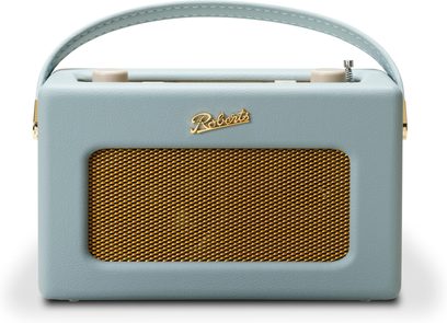 Stolní rádio Roberts Revival iStream 3L v modré koženkové imitaci, pohled zepředu, zlatý kovový mřížkový kryt reproduktoru, ladící kliky v barvě pouzdra, dva krémové knoflíky a chromovaná vysouvací anténa na horní straně
