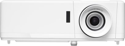 Optoma HZ40 hvid videoprojektor, set forfra, linse til højre, højttalergitter til venstre