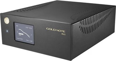 Передпідсилювач фонокоректора Gold Note PH-5 чорного кольору, вид спереду, прямокутний чорний корпус з LCD-екраном, кнопкою та роз'ємами