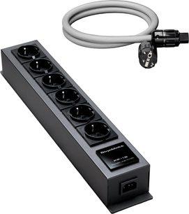 Gigawatt PF-1e schwarze Überspannungsschutz-Steckdosenleiste mit 6 Schuko-Steckdosen und abnehmbarem grau geflochtenem Netzkabel