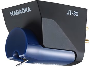 Nagaoka JT-80LB hi-fi cartridge in matte black plastic with a satin midnight blue front section, front side view, gold-plated rear connectors, and exposed metal cantilever
