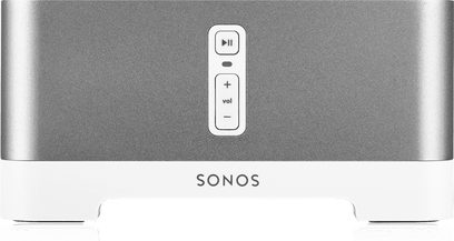Sonos CONNECT:AMP zilveren hi-fi stereo-versterker, vooraanzicht, bedieningsknoppen en indicatielampjes aan de bovenkant
