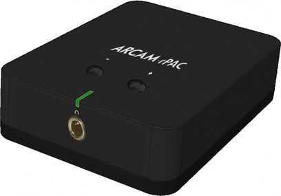 Arcam R-PACK audio DAC-konverter, rektangulært sort kabinet, set oppefra, jackstik og grøn LED-lampe på siden