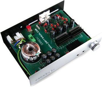 Perreaux Silhouette SXH2 austiņu priekšpastiprinātājs, perspektīvs augšējais skats, zaļa drukātā shēma ar elektroniskajām detaļām