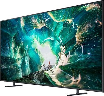 Samsung UE82RU8005 82-tommer TV viser et abstrakt turkisfarvet billede med hvirvlende hvide former