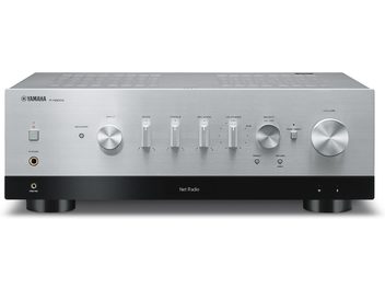 Yamaha R-N800A sølv hi-fi stereoanlegg, frontvisning, knapper og kontakter på frontpanelet, børstet aluminiumsfinish