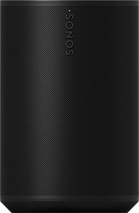 Sonos Era 100 wireless connected speaker, matte black, front view, perforated black grille, white Sonos logo at the bottom