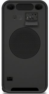 Bærbar svart Sony ULT TOWER MAX Bluetooth-høyttaler, sett bakfra med stor høyttaler, kontroller og tilkoblinger