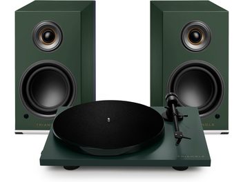 Dvě zelené reproduktory s kruhovými reproduktorovými jednotkami a zelený gramofon s černým talířem a ramenem.