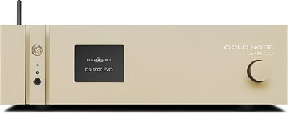 Gold Note DS-1000 EVO netværkslydafspiller i børstet guld med frontpanel, centralt display og stor volumenkontrol til højre
