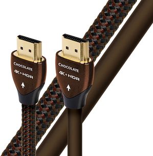 HDMI-kabel fra Audioquest Chocolate 3 m med forgyldte stik og brunt flettet kabelbeklædning, nærbillede af de to ender