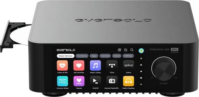Amplificatore hi-fi integrato stereo EverSolo Play CD Edition grigio antracite in alluminio, vista di tre quarti anteriore sinistra, con schermo touch a colori sul frontale, grande manopola rotante a destra e cassetto CD scorrevole aperto a sinistra