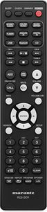 Sort Marantz RC013CR fjernbetjening med flerfarvet knapper og LCD-skærm, set forfra