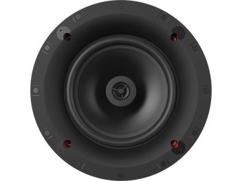 Klipsch CS-18-C Sky Hook -upotettava kaiutin, etunäkymä, pyöreä muoto, musta keskikaiutin, 4 punaista kiinnitystä kehällä