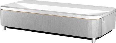 Epson EH-QS100W witte beamer, perspectiefaanzicht, rechthoekige behuizing, afgeronde hoeken, gladde bovenkant, textiel voorkant
