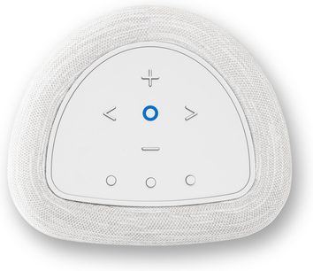 Бяла колонка BlueSound PULSE FLEX, изглед отгоре, мрежеста тъкан и пластмаса, бутони +/−, стрелки и син пръстен