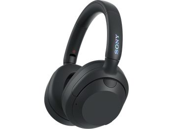 Draadloze Bluetooth hifi-hoofdtelefoon Sony ULT WEAR zwart, driekwart zicht, gebogen hoofdband, ronde oorkussens, zichtbaar logo