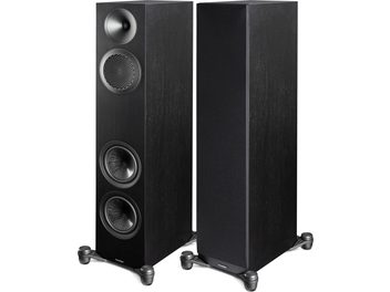 Paradigm Premier 720F v2 juodos grindinės kolonėlės, vaizdas iš priekio su matomais garsiakalbiais ir nuimamu apsauginiu dangteliu