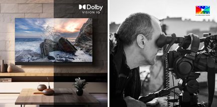 Front view montage with, on the left, a black flat screen mounted on a beige marble wall and a coastal image vertically split under the Dolby Vision IQ logo, a light wood shelf holding matte ceramic vases and a plant, and on the right, a black-and-white man leaning over a professional black video camera mounted on a tripod under the multicolored Filmmaker Mode logo