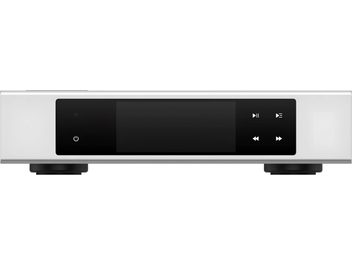 Reproductor de audio en red Matrix Audio Element S en aluminio anodizado plateado, vista frontal, panel frontal negro brillante con pantalla central apagada, controles táctiles blancos a la derecha y dos patas cilíndricas negras visibles