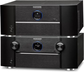 Marantz AV8802A hjemmebiografsforstærker og MM8077 effektforstærker i sort, set forfra