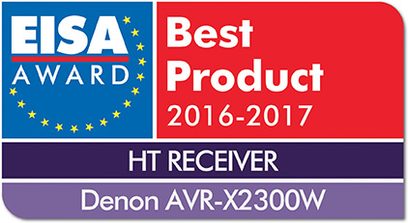 Amplificatore home theater Denon AVR-X2300W, vista frontale, loghi "EISA AWARD" e "Best Product 2016-2017 HT RECEIVER", sfondo blu e rosso