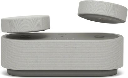 Trådløs tilsluttet højttaler Sony HT-AX7, set forfra, rektangulær form, lysegråt stof, to aftagelige cirkulære moduler