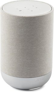 Trådløs Denon Home 200-stenhøjttaler i cylinderform, lysgråt mesh-stof og hvid top med touch-betjening