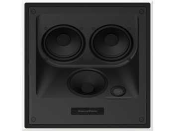 Altavoz empotrable de techo Bowers & Wilkins CCM7.3 S2, caja cuadrada negra, 2 altavoces, 1 tweeter, rejilla metálica